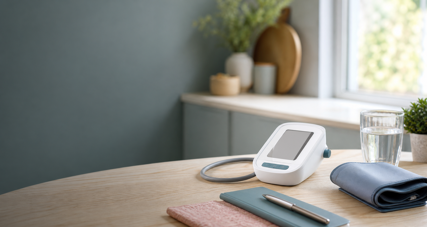 Blood pressure monitor on a calm table by a window.