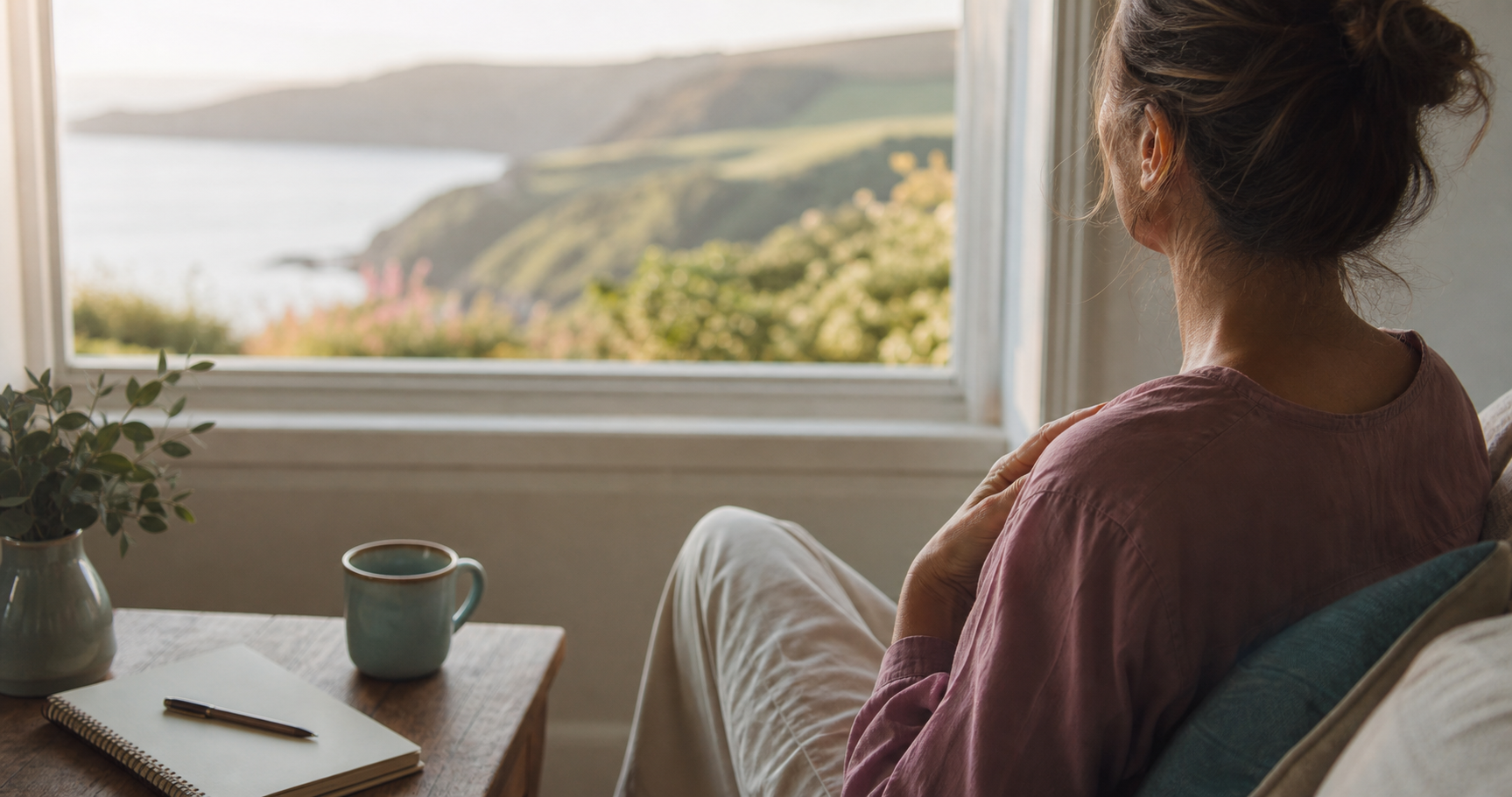 A calm person sitting by a window looking towards the coast, with a mug and notebook nearby.