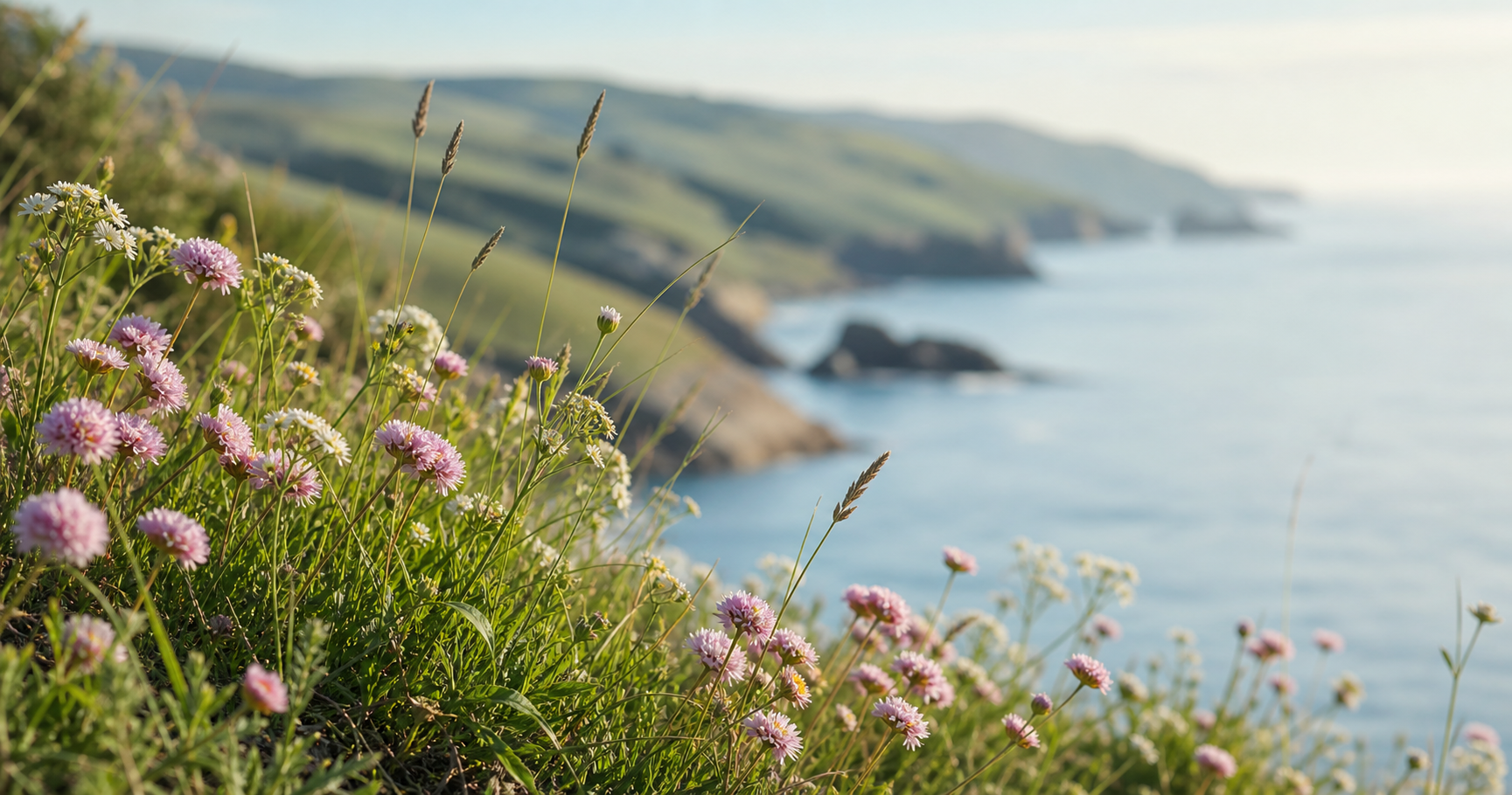 Coastal wildflowers and grasses in soft light with the sea blurred in the background.