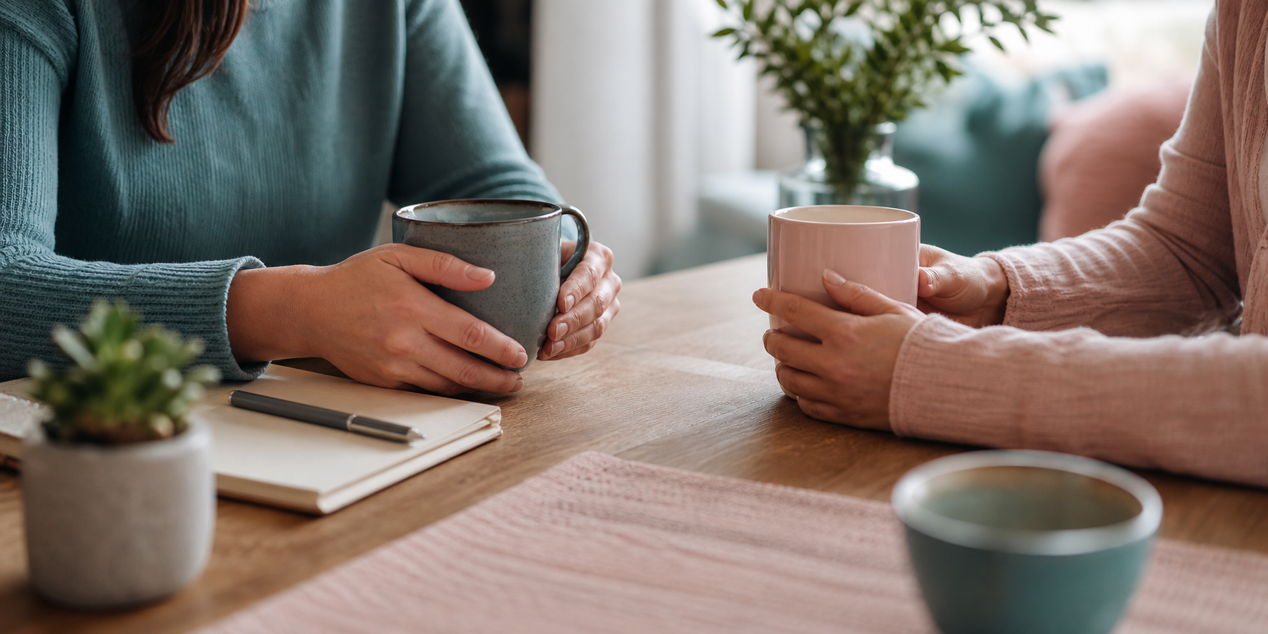 Two people holding mugs at a table during a calm supportive conversation.