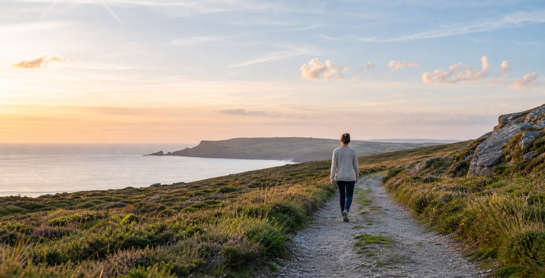 A person walking slowly along a coastal path in soft evening light.