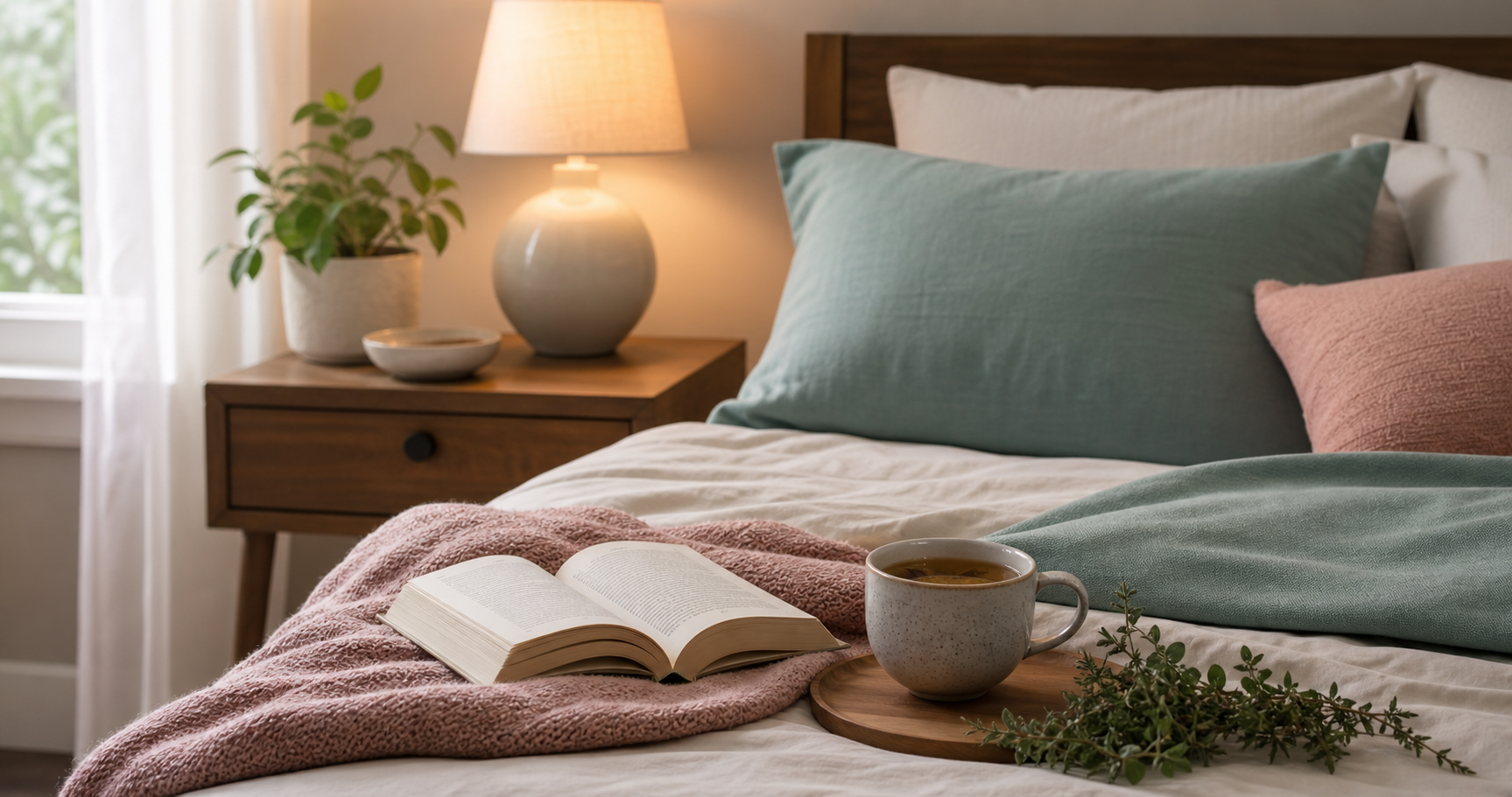 A calm bedroom with a warm lamp, open book, plant and cup of tea.