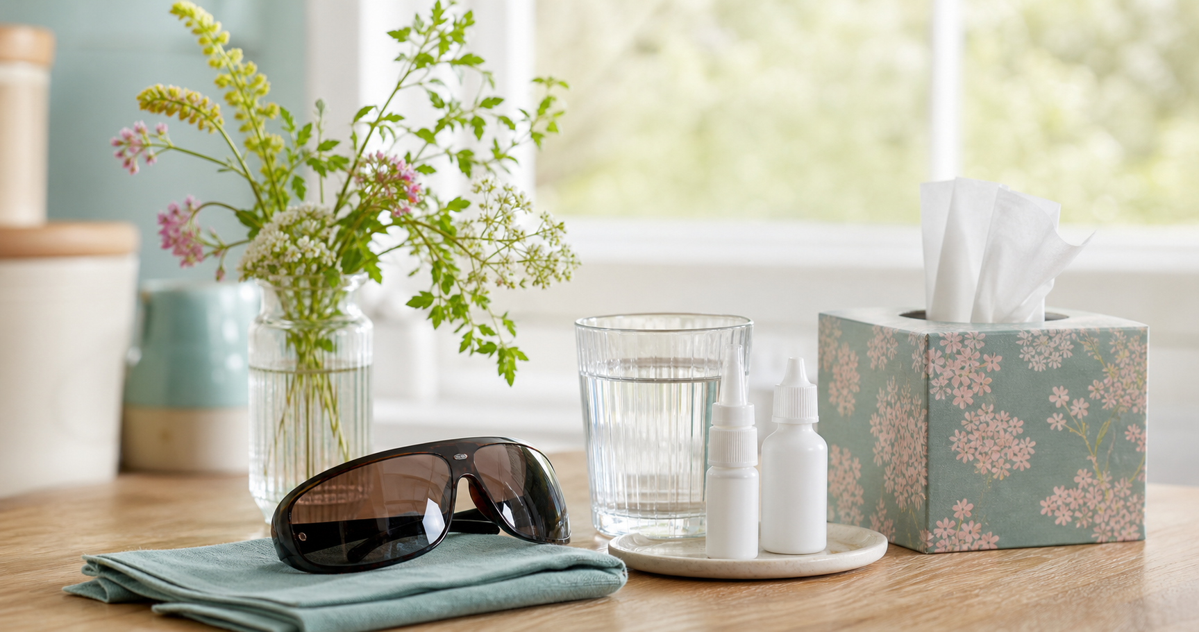Hay fever toolkit with sunglasses, tissues, nasal spray and spring flowers.