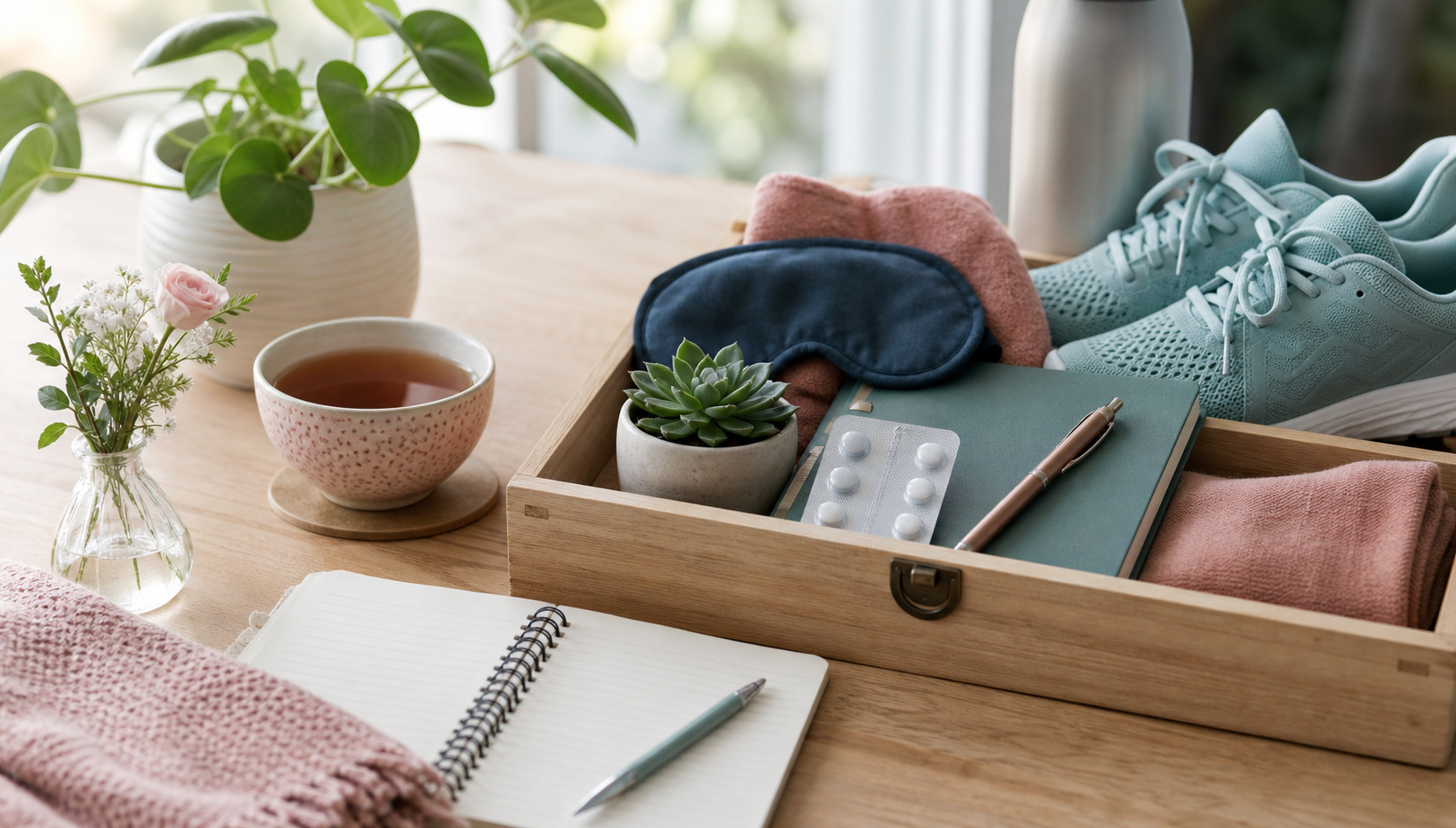 A calm wellbeing toolbox with medication, shoes, sleep mask, plant and notebook.