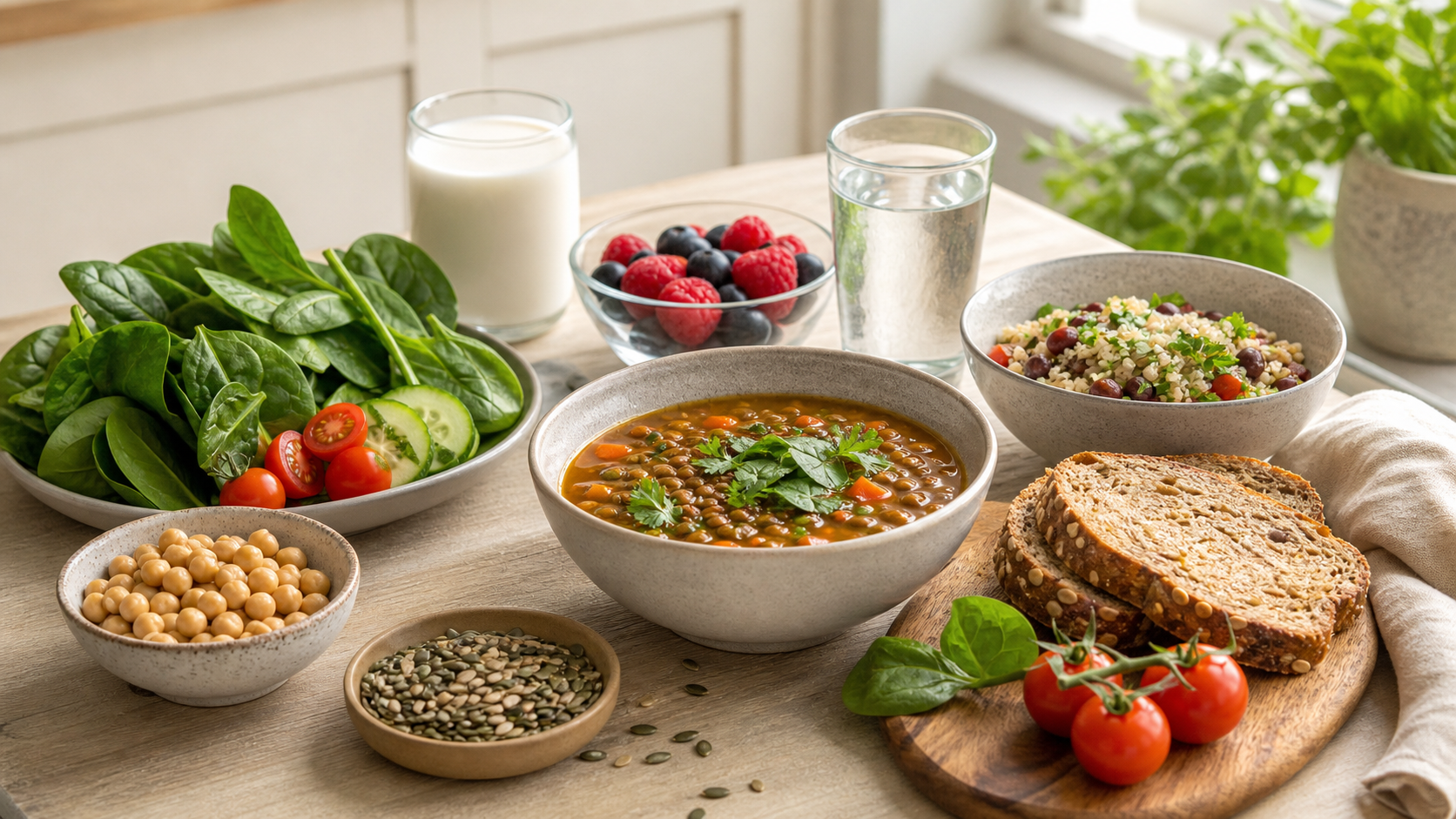 A table of nutritionally dense foods including lentils, chickpeas, vegetables, wholegrain bread, berries, seeds, milk and water