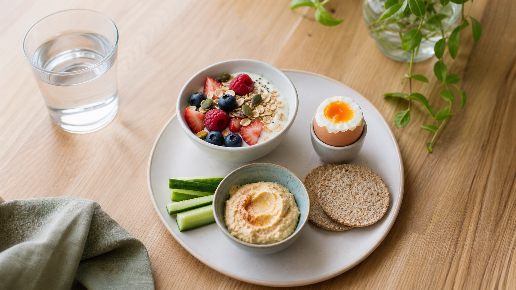 Small nourishing mini-meals with yoghurt, berries, seeds, egg, hummus, cucumber, oatcakes and water