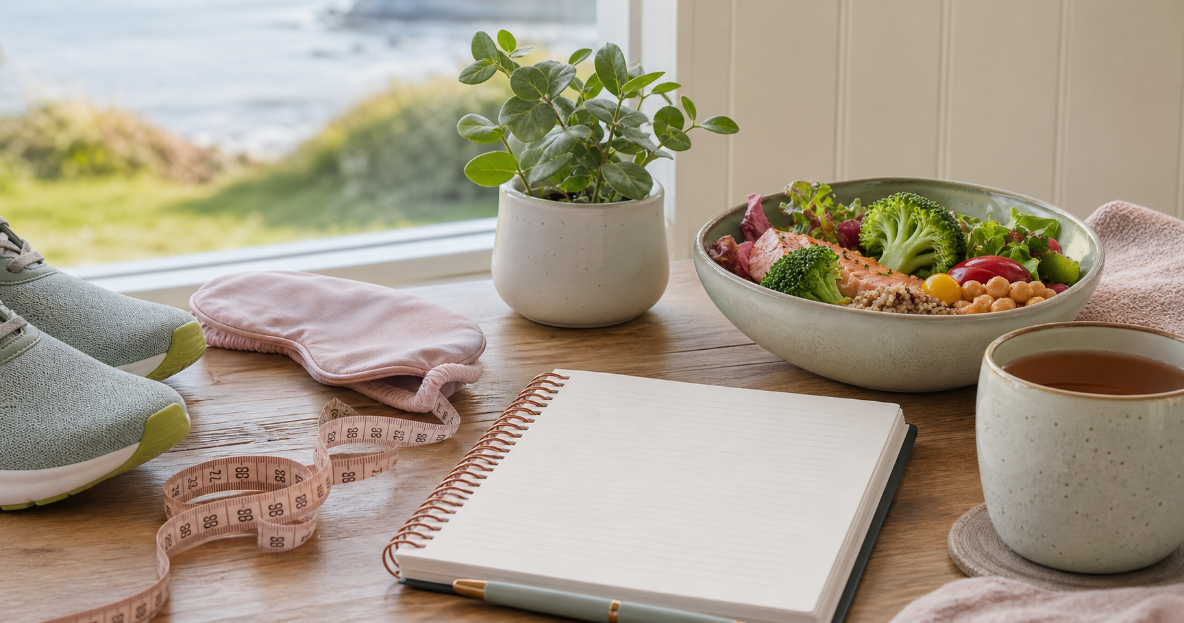 A calm health-support scene with a notebook, food bowl, walking shoes, sleep mask, plant and tea.