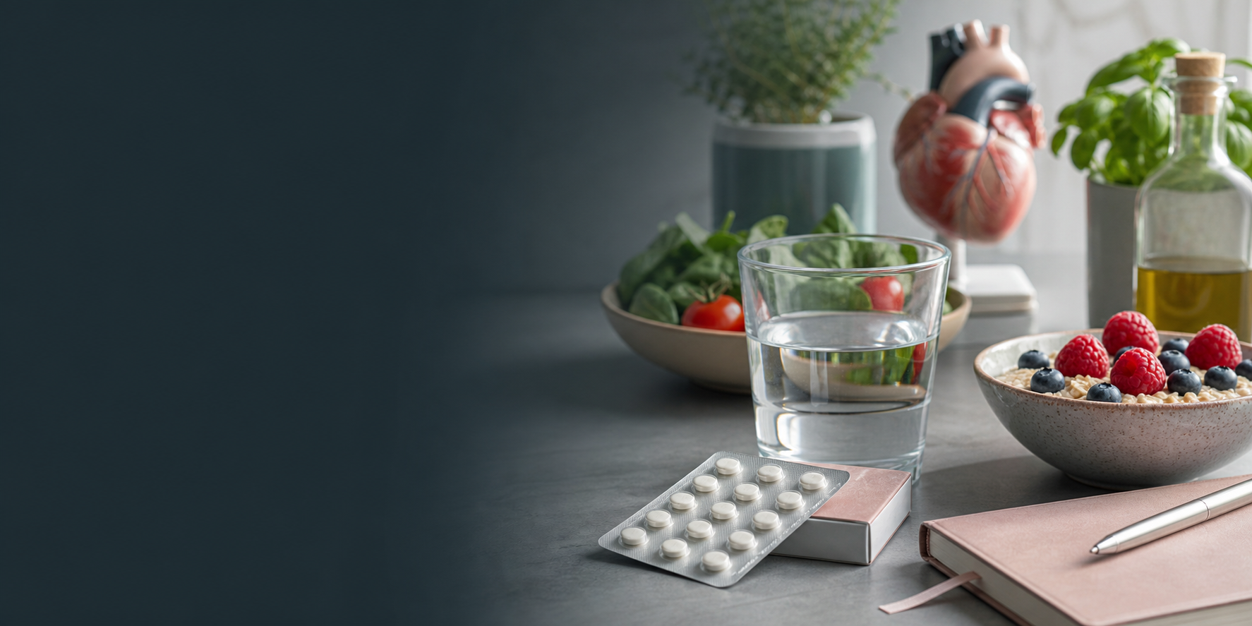 Heart-healthy food and statin tablets on a calm kitchen table.